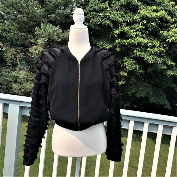 ZARA Basic Black Fringe Long Sleeves Bomber Jacket Very Good Condition Sz S - Picture 1 of 5